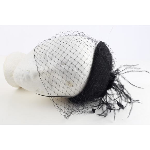 Vintage Black Cocktail Pillbox Fascinator Hat With Birdcage Veil & Feather